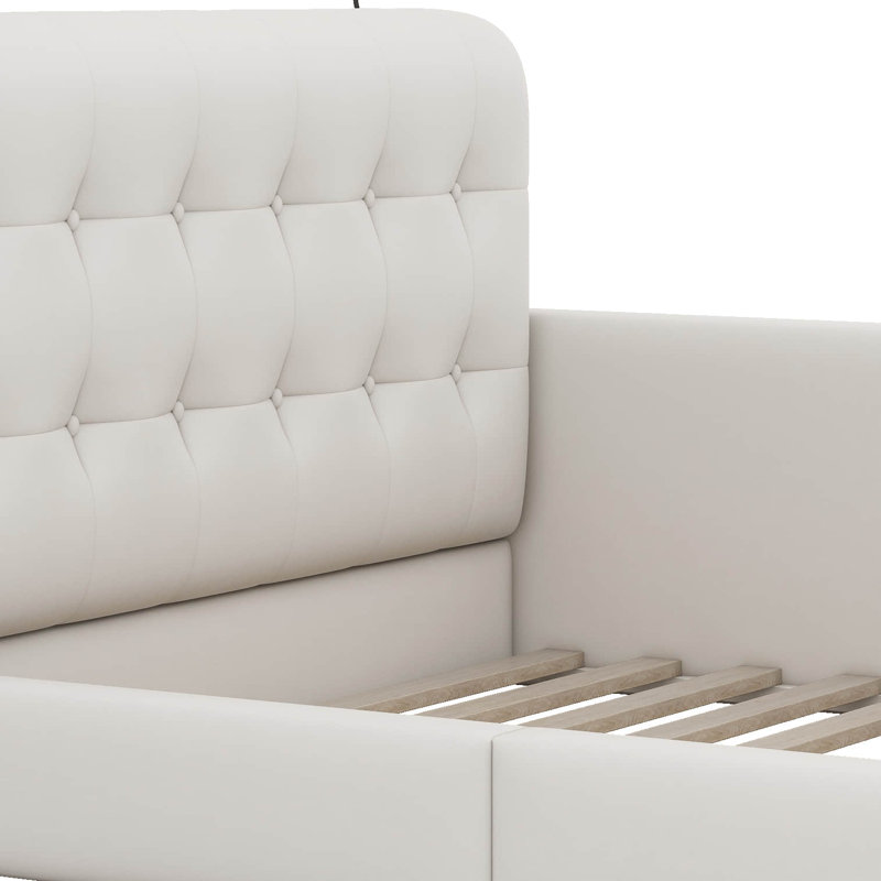 Lit plateforme moderne capitonné avec tête de lit, structure de lit de jour en similicuir, Blanc