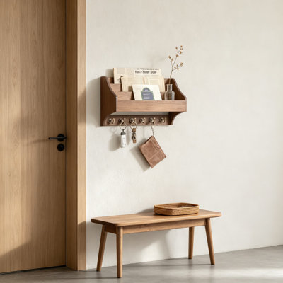 Organiseur de courrier mural avec crochets pour clés, idéal pour l'entrée, le bureau et la cuisine. Porte-lettres et dossiers en bois robuste, solution de rangement peu encombrante.