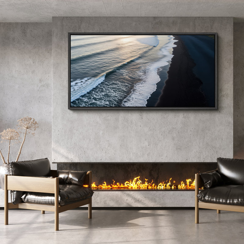 "Ocean Waves at Sunset", art mural sur toile - Photographie côtière sereine pour maison de plage ou espaces relaxants, Noir