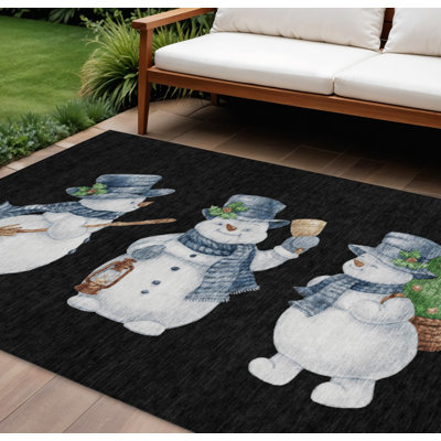 Tapis extérieur lavable en forme de bonhomme de neige 10 pi x 14 pi noir et bleu ivoire