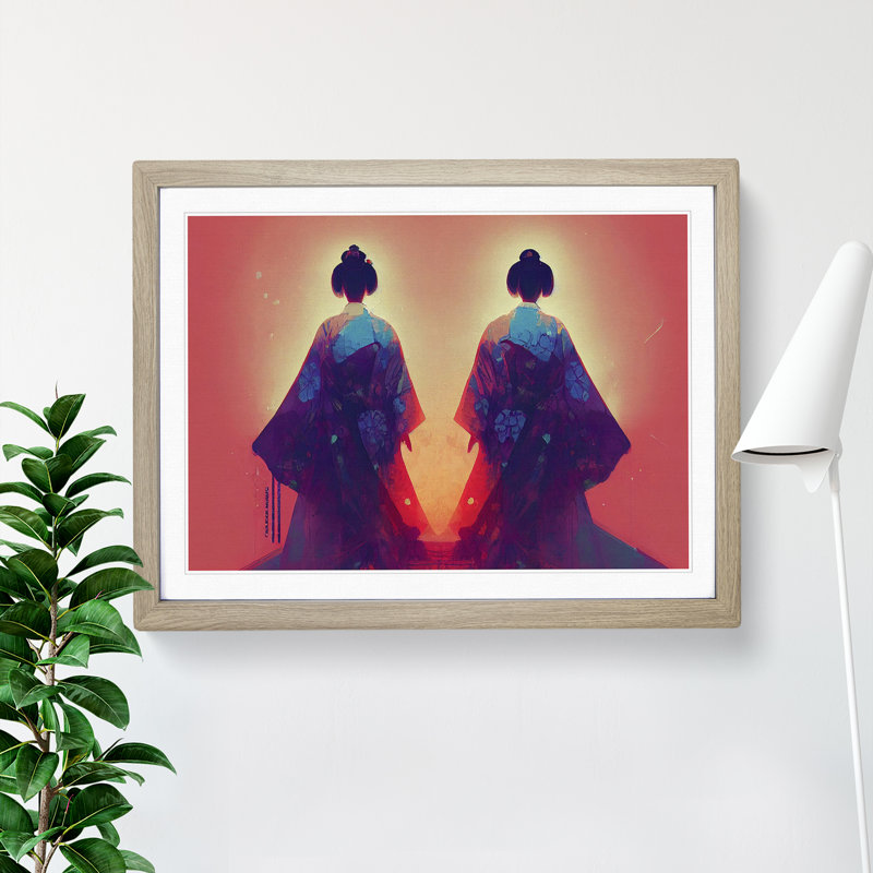 Two Geisha - Framed Print, 25cm H x 34cm W x 2cm D, Oak