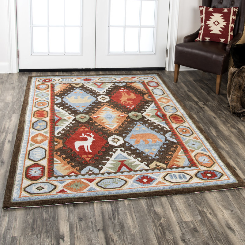 Tapis brun en laine touffeté à la main Pouliot Southwestern, Rectangle 5 pi x 8 pi