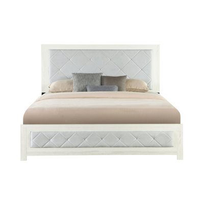 Grand lit de couleur beige avec détails rembourrés, rembourré de tissu d'ameublement et de rembourrage, sommier tapissier requis, 4 lattes et pieds de support, bois d'hévéa, bois de peuplier, mousse de tissu, capacité de poids de 660 lb,