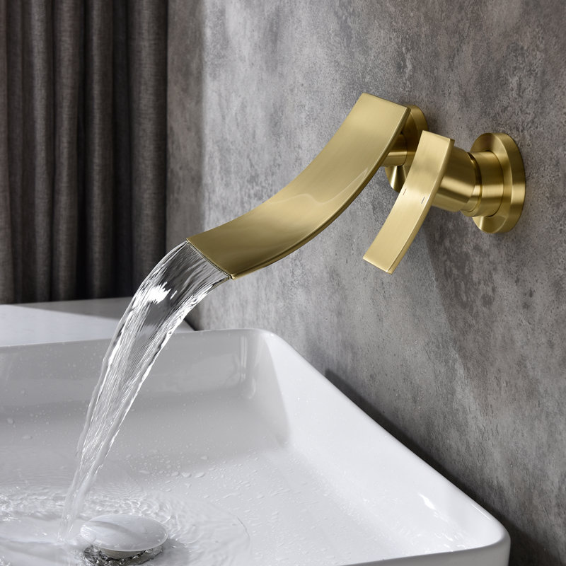 Golden Wall Mounted Bathroom Fixture - Smooth Water Flow For A Luxurious Tub Stylish Mount Tap Gold Large Flushing Area Waterfall Spout Bath