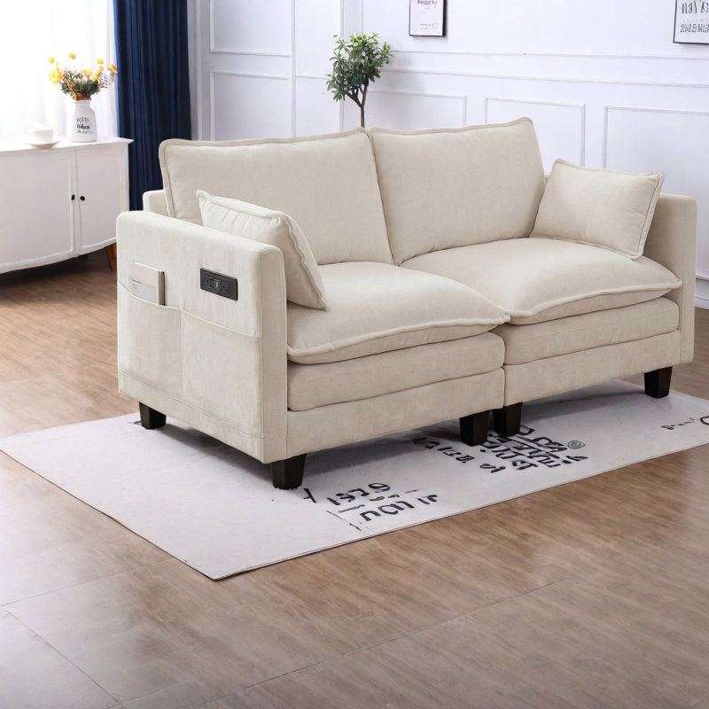 Canapé beige chenille avec chargement USB, compact et moderne, 2 places, idéal pour le bureau à domicile., Beige