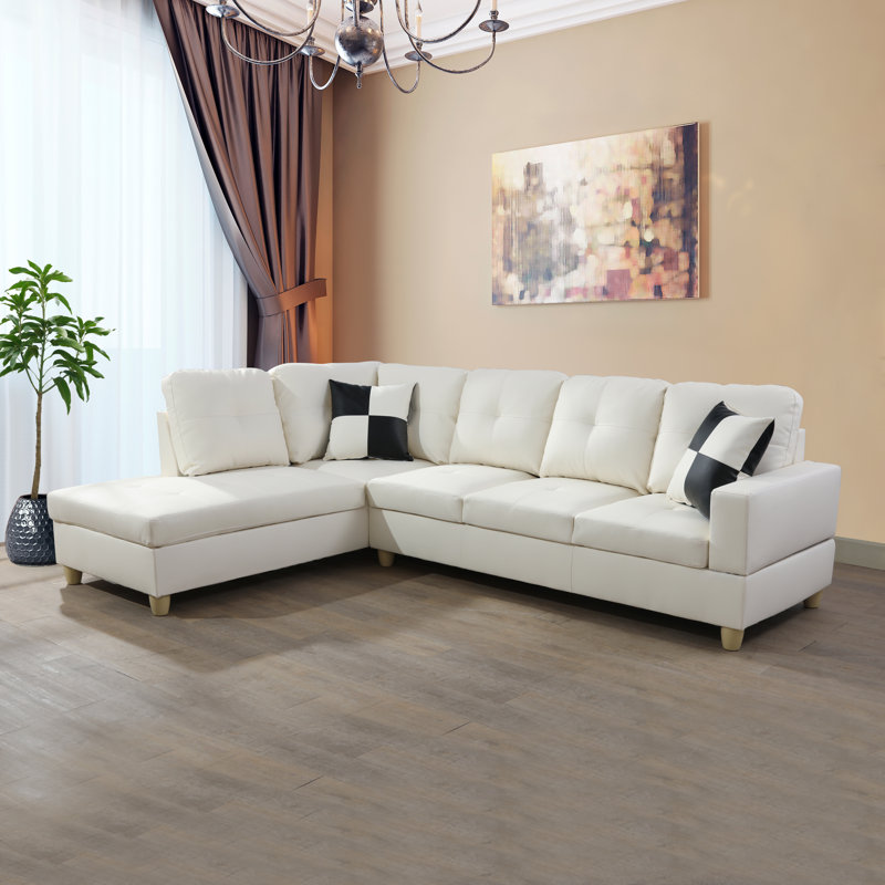 Aashild Faux Leather L-Shaped Sectional, Left Hand Facing, White Faux Lather