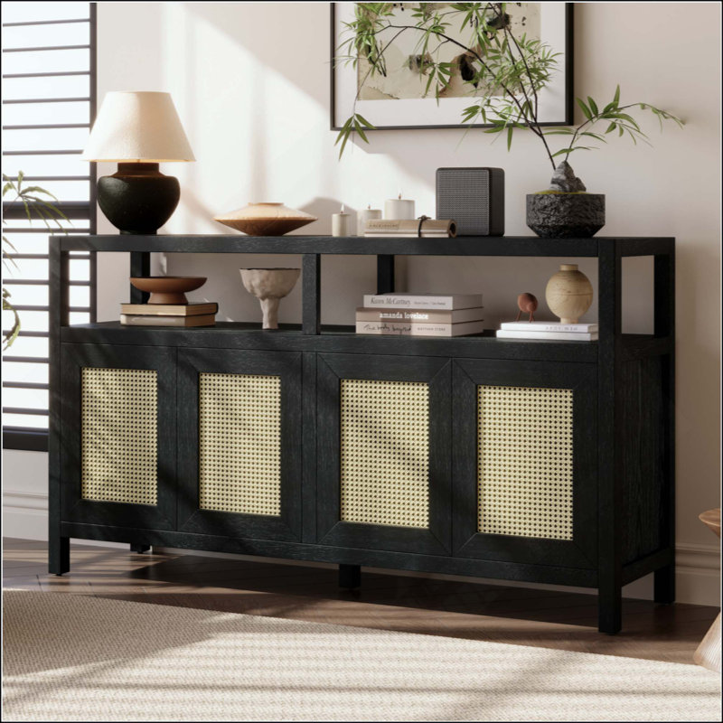 Rattan Buffet Storage Cabinet With Solid Wood Frame, Sideboard With 3-Position Adjustable Shelves For Living & Dining Rooms, No-Handle Push-To-Open Design