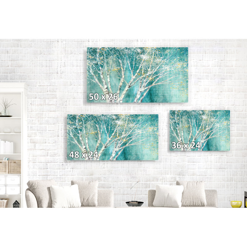 Bouleau artistique sur Aqau, bleu, jaune, feuilles, H 24 po x l 48 po x P 1,5 po