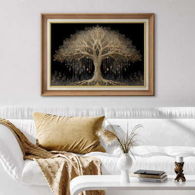 Arbre doré de la vie sur fond noir - reproduction d'art sur toile encadrée