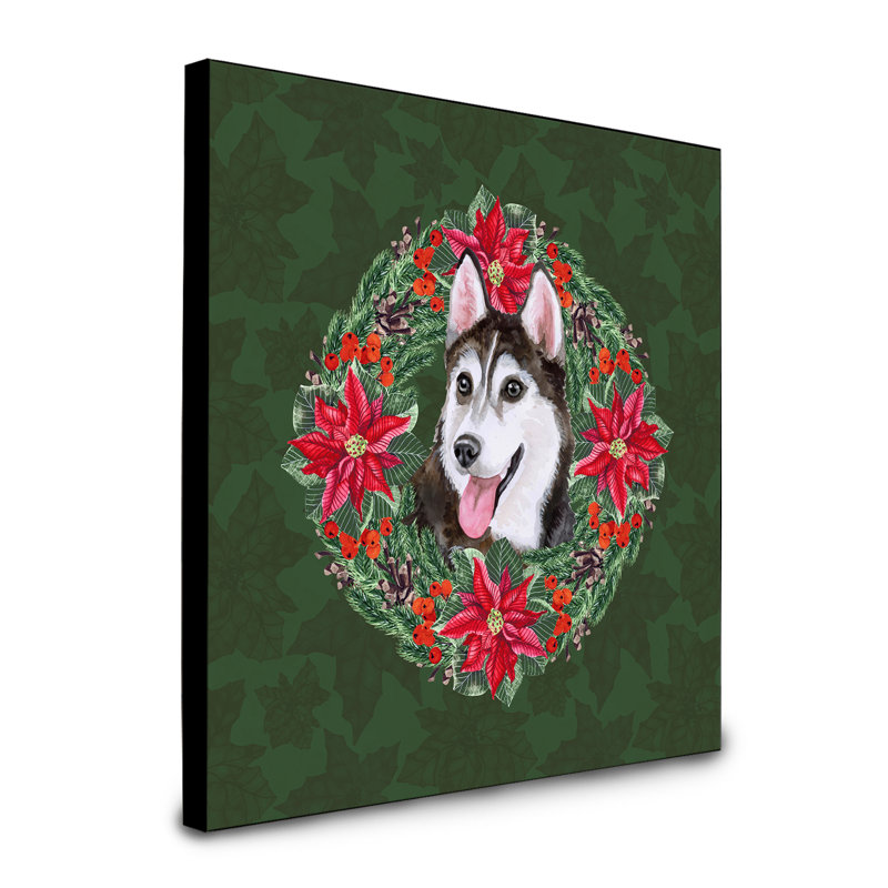 Panneau mural d’art à couronne poinsetta Fabrienne, Husky de Sibérie noir