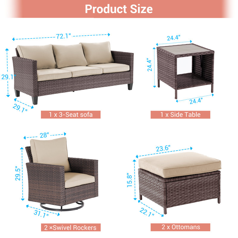 Charlenne 5 - Person Swivel Rocking Chair Outdoor Seating Group with Cushions, Brown, Sand
