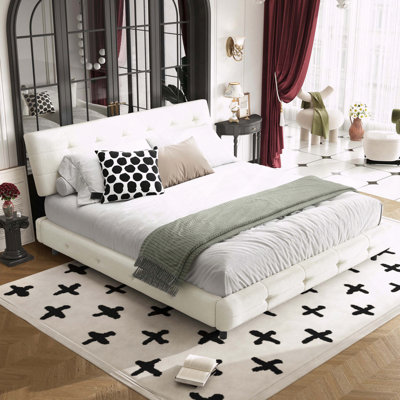 King Size Bed Frame Tufted Headboard Cloud Pillow Chenille Platform Bed Double Support Stable Noise-Free