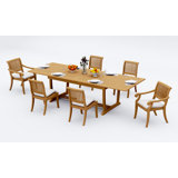 8 Seats 9 Pcs Grade-A Teak Wood Dining Set: 118" Double Extension Mas Rectangle Trestle Leg Table And 8 Arbor Stacking Chairs (2 Arm & 6 Armless Chairs) #11AB2502