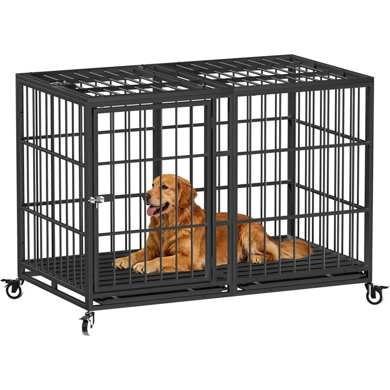 Cage pour chien robuste de 54 pouces avec roulettes, cage en métal pour chien de grande et moyenne taille, cage pour chien très grand indestructible avec plateau amovible.