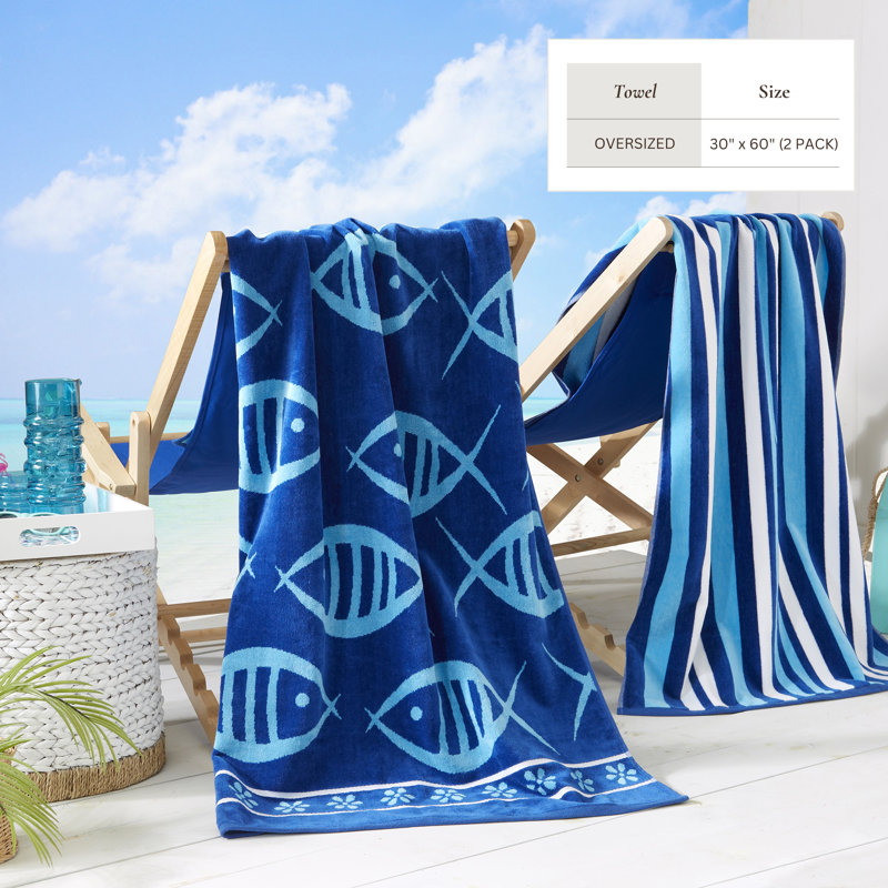 Serviettes de plage 100% jacquard 100% coton, Bleu marine / bleu royal poisson et rayures