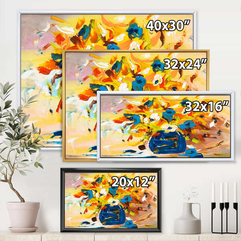 A Vibrant Flower Bouquet in Yellow and Blue - Peinture sur toile avec cadre flottant, H 30 po x l 40 po x 1,5 po