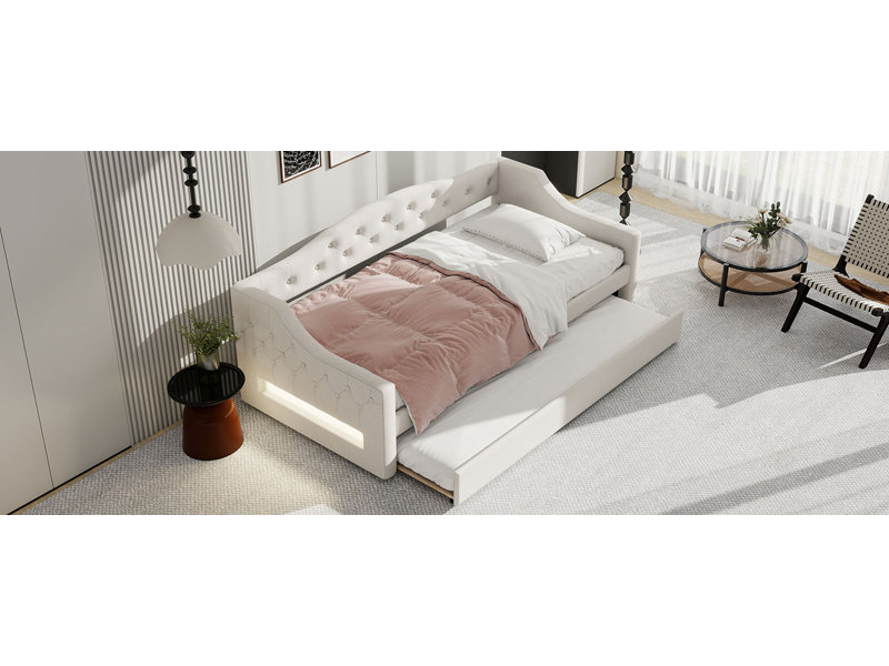 Lit de jour rembourré simple TG avec ceinture et gigogne à DEL, beige, Lit simple, Beige