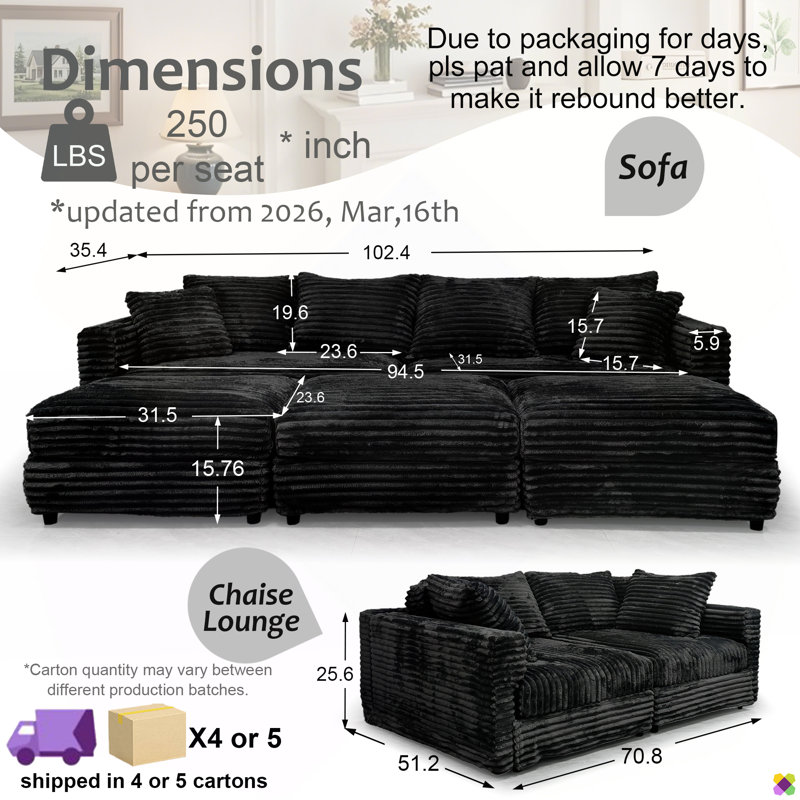 Canapé modulaire 7 places en velours côtelé l 102,4 po l 70,4 po Gus, incluant 3 repose-pieds, Tissu velours côtelé noir