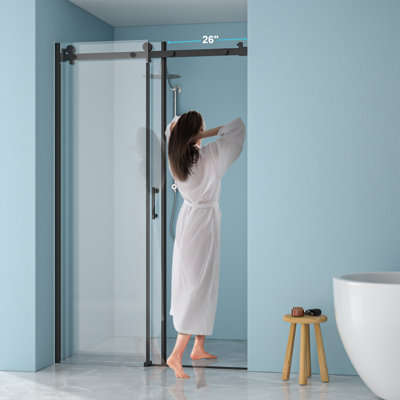 Single Shower Door, 8Mm Tempered Glass, 304 Stainless Steel Matte Black Frame, Luxury Design, For Spa Bathrooms Glass Door With Reinforced Base, Shaking