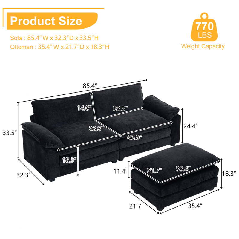 Canapé et canapé avec repose-pieds Avrilynn, Chenille noir, 85.4"W x 33.5"H x 54"D (2-seat)