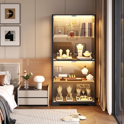  Display Cabinet with Glass Doors, 4-Tier Display Case,  Curio Cabinet with 3 Colour Lights for Collectibles, Storage Cabinets with Human Body Sensor