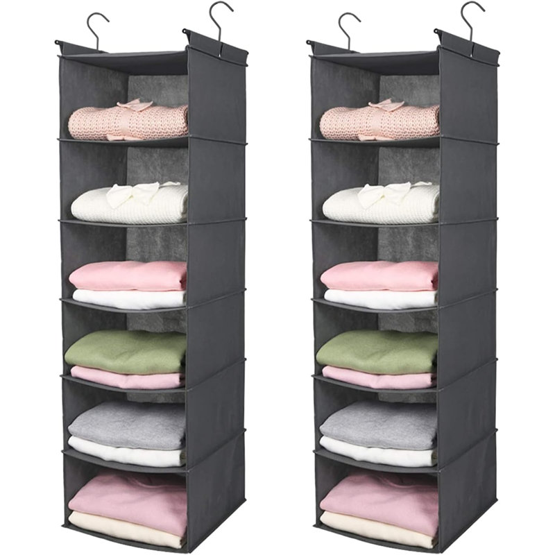 6 Tier Shelf Hanging Closet Organizer, Closet Hanging Shelf With 2 Sturdy Hooks For Storage,2 Pack, Foldable, Grey