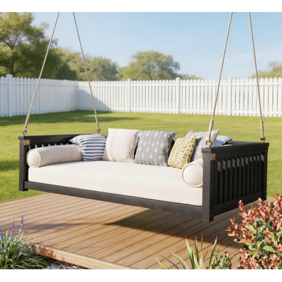 Black Acacia Wood Patio Swing Bed With 350 Lbs Capacity For 2 Person