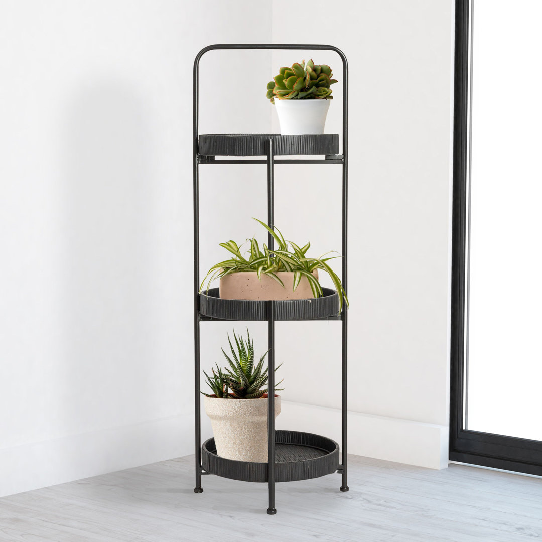 Kesini Modern Arched Metal Plant Stand Or Shelf With 3 Round Removable Rattan Trays Latitude Run®