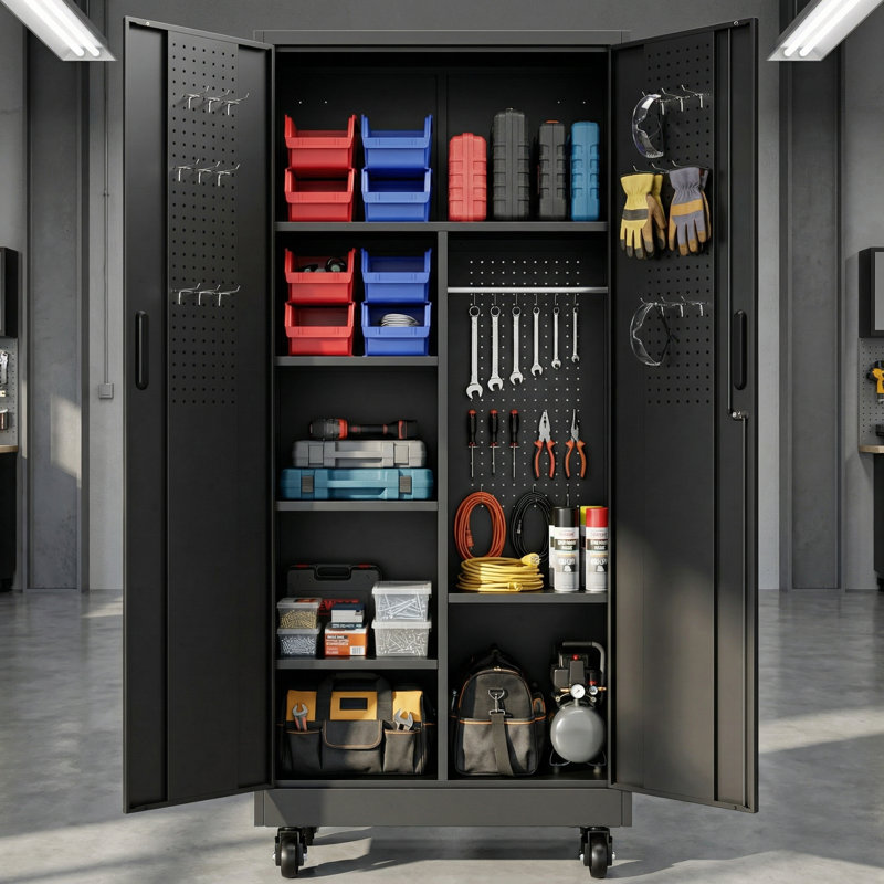 Rolling Metal Storage Locker Cabinet With Lockable Doors, 71" Freestanding Steel Wardrobe For Home, Office, School, Employee Room, Gym & Fire Department (Black)