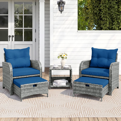 Constantino 2-Person Outdoor All-Weather Wicker Conversation Set with Ottomans and Tempered Glass Coffee Table