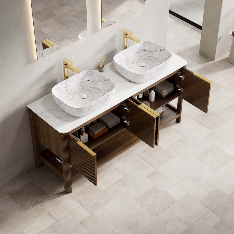 Meuble-lavabo 60 po, 2 lavabos en céramique à motif marbre et plateau en pierre frittée blanc de Carrare, 60"