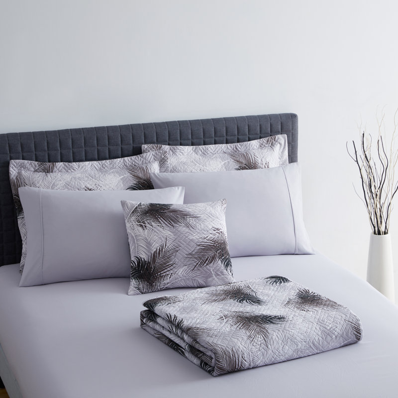 Gray Palm Leaf Microfiber Queen Bedspread Set