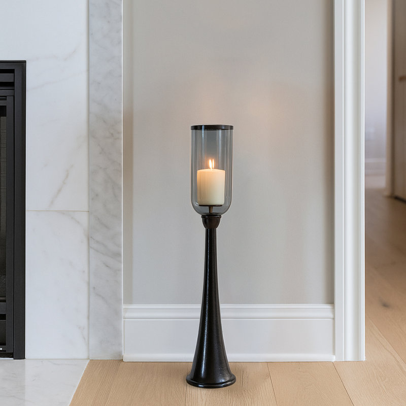 Striking Tall Candle Holder - Modern Metal and Glass Floor Candle Stand for Pillar Candles, Ideal for Dining Rooms, Centerpieces, and Home Accents