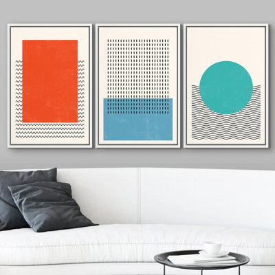 Abstrait, blocs de couleurs vibrantes, rouge, bleu, bleu sarcelle, polygones et blocs de couleurs, formes abstraites, style nordique moderne, Mid-Century coloré sur toile, impression de 3 pièces