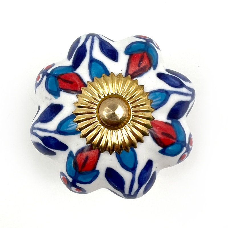 Set of Six Red White And Blue Floral Ceramic Drawer Pull Knobs