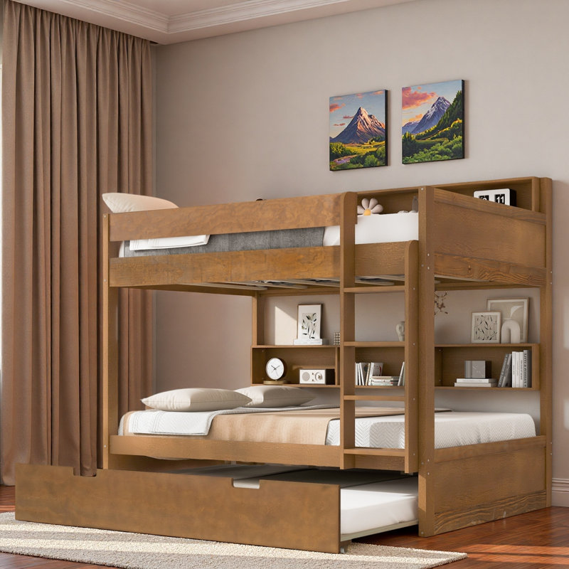 Lit superposé avec lit gigogne et rangement intégré, Bois antique, Lit superposé double sur double