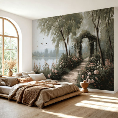 Papier peint adhésif mural auto-adhésif moderne pour la chambre à coucher, avec paysage de jardin de lac pré rêveur L 69 po x l 96 po Peel and Stick