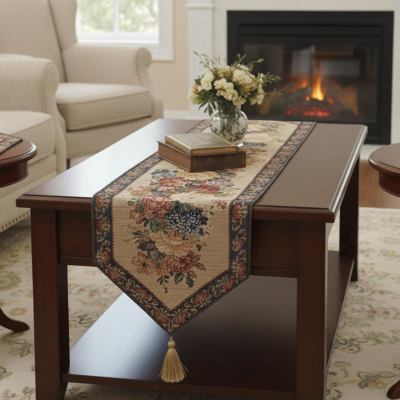 Tache Colorful Country Rustic Floral Morning Awakening Table Runner, 38" L x 13" W, Beige/Red