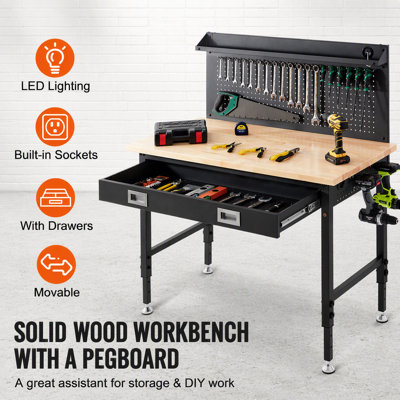 Adjustable Height Heavy-Duty Workbench with Oak Plank, 2000lbs Capacity, 48x24 Inch Top, Carbon Steel Frame, and Built-in Power Panel