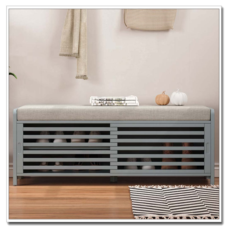 Distressed Shutter Storage Bench with Cushion and Sliding Door, Gray Washed