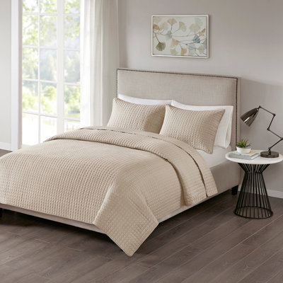 Courtepointe réversible kaki double / grand 3 pièces - Rembourrage, conception simple à carreaux carrés, aspect de literie en microfibre facile à nettoyer, ingrédient, chiffon lavable à la machine