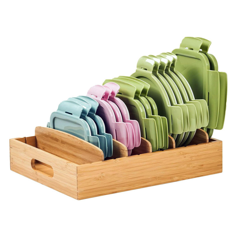 Bamboo Kitchen Cabinet Organizer with Adjustable Dividers Food Storage Container Lid Drawer Caddy for Kitchen Organization