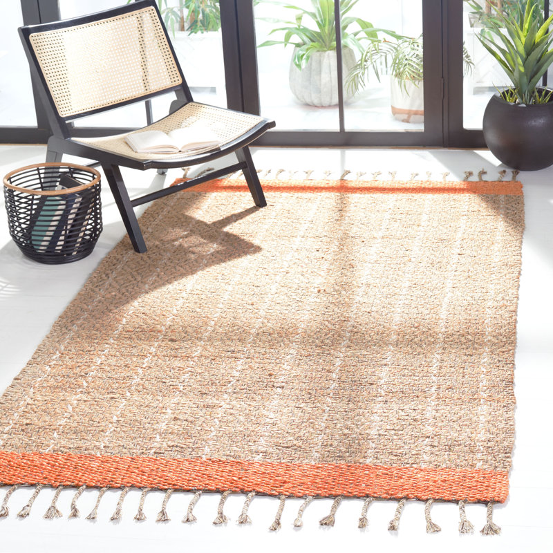 Ivory and Orange Handwoven Jute Cotton Area Rug, 5'x8'