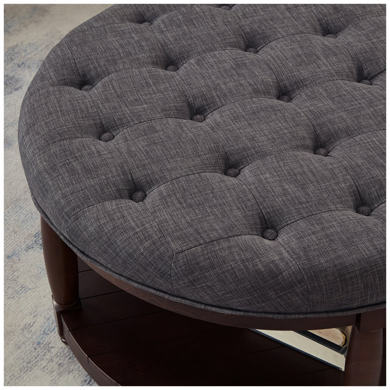 Large Round Upholstered Tufted Linen Ottoman Coffee Table With Wood Shelf Storage, For Indoor And Outdoor Use, Dark Gray