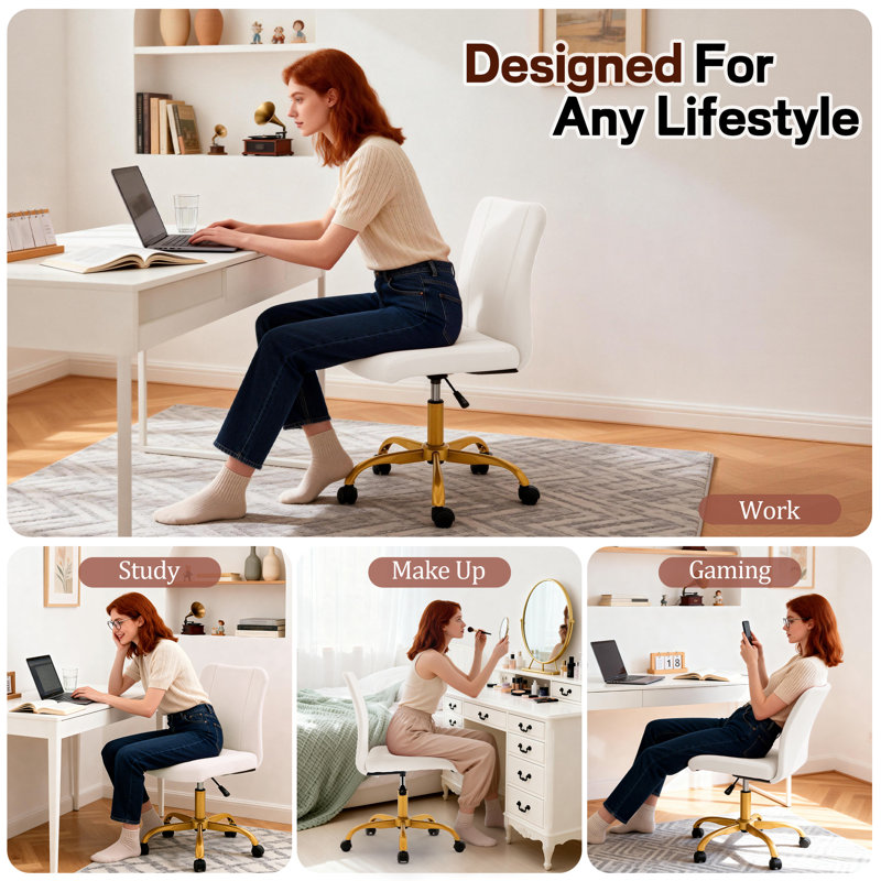 Office Chairs,360°Swivel Vanity Chair with Wheels，Adjustable Velvet Task Chair，Modern Armless Desk Chair for Living Room，Office
