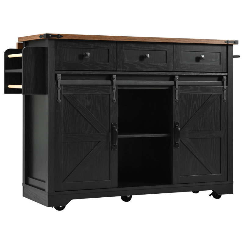 53.7" Farmhouse Kitchen Island with Power Outlet, 2 Sliding Barn Door Kitchen Storage Island with Drop Leaf, Spice Rack Rolling Kitchen Cart on Wheels, for Home, Kitchen and Dining Room