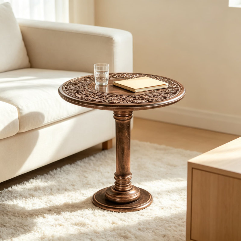 Table de bout en bois avec piédestal sculpté, table d'appoint fabriquée à la main en bois de manguier massif pour le salon, la chambre à coucher, la table de chevet décorative pour les livres, les plantes et la décoration