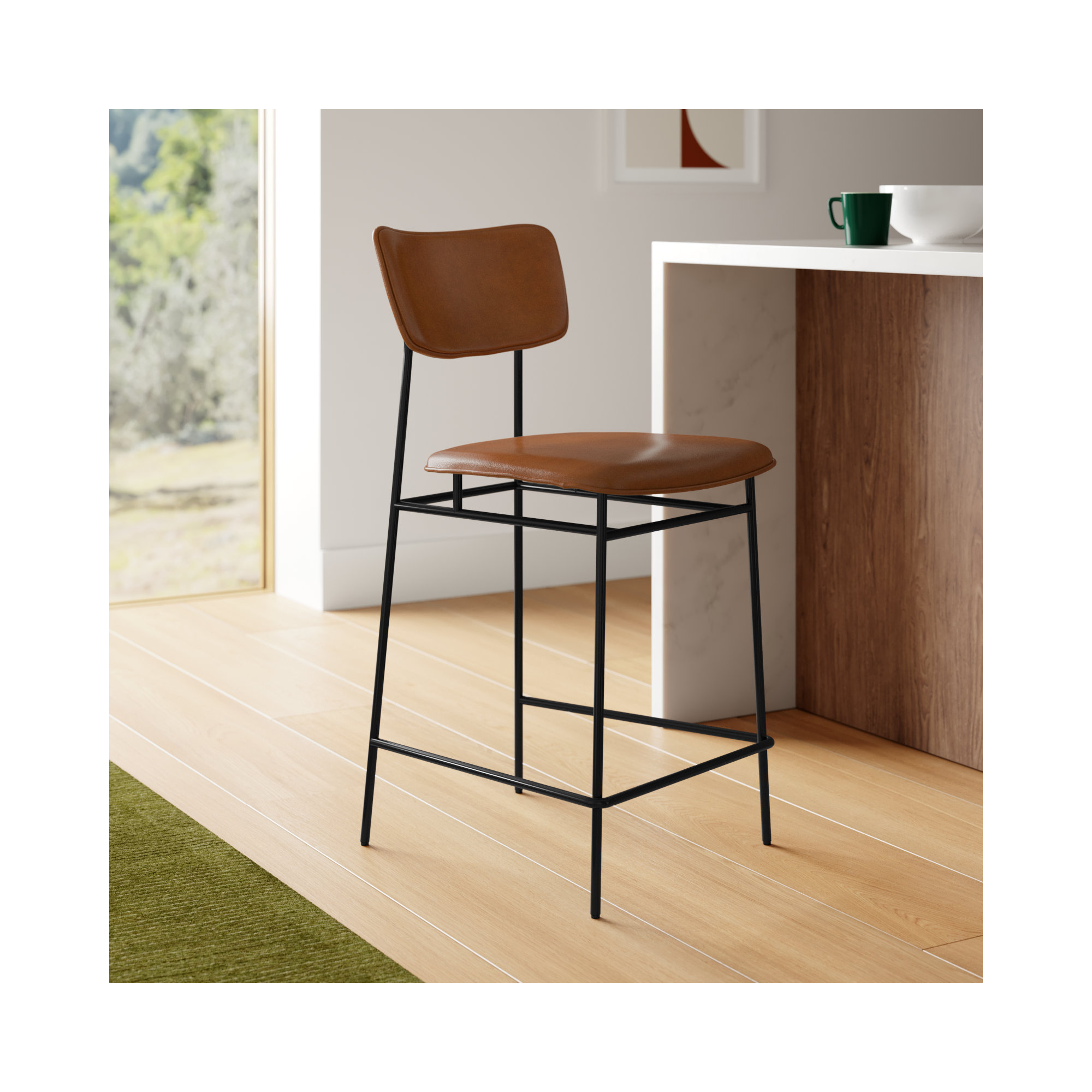 Turin Leather Bar & Counter Stool, Brown Pebbled Top Grain Leather, Counter Stool (26” Seat Height)