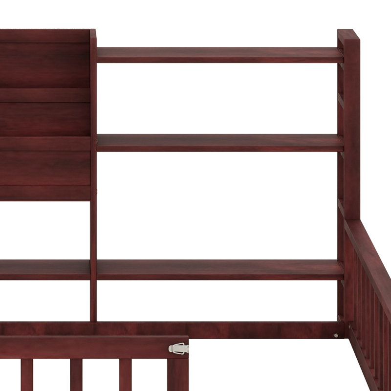 Base de lit à plancher bas avec clôture et tablettes de rangement à 3 niveaux, accès facile pour les tout-petits, Grand lit