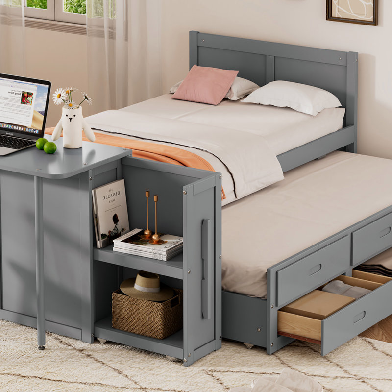 Lit plateforme simple en bois multifonctionnel avec bureau et tablette de rangement au bout du lit, lit gigogne intégré et 3 tiroirs, cadre de lit